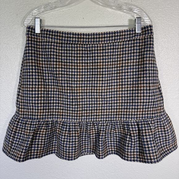 J Crew Skirt Womens 14 Houndstooth Wool Ruffle Hem Pockets Preppy Mini Academia - Picture 1 of 10